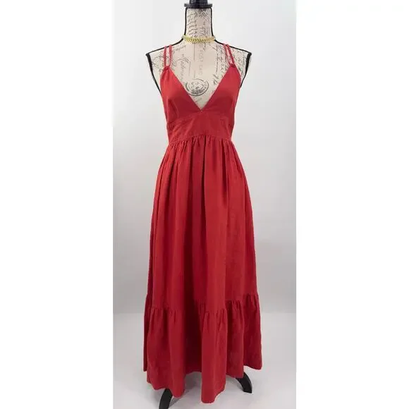 B51 Posse Lotus Linen Maxi Dress Small Red Flowy Sundress Resort Spaghetti Strap - Picture 4 of 9